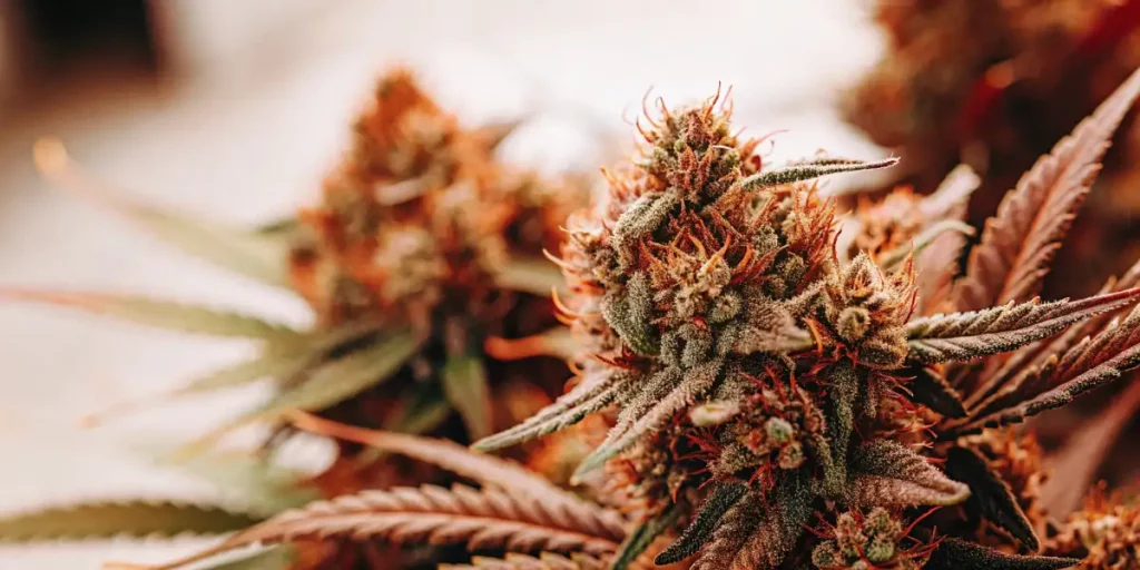 Close-up of a Runtz cannabis bud with vibrant trichomes and orange pistils against a soft background.