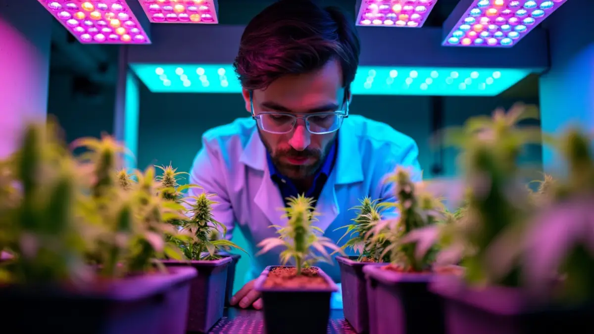 Scientist examining young purple cannabis plants under LED grow lights in a laboratory.
