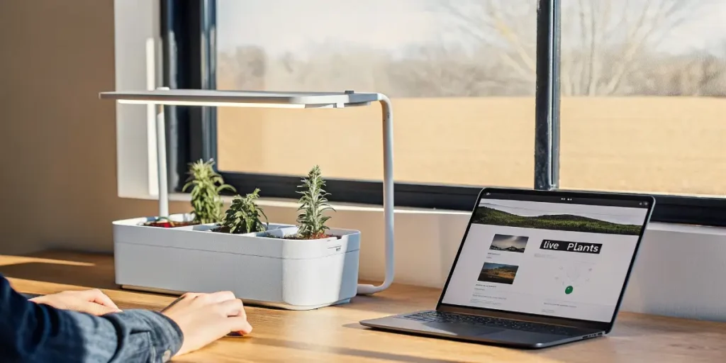 Hyper-realistic digital artwork of a smart indoor garden system with plants growing under LED lights, next to a laptop displaying "Live Plants" interface.