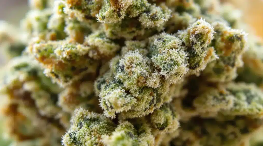 Close-up of the strongest THCA flower showcasing dense trichomes and potent cannabinoid content.