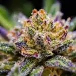 Macro shot of the strongest THCA flower highlighting glistening trichomes and premium quality.