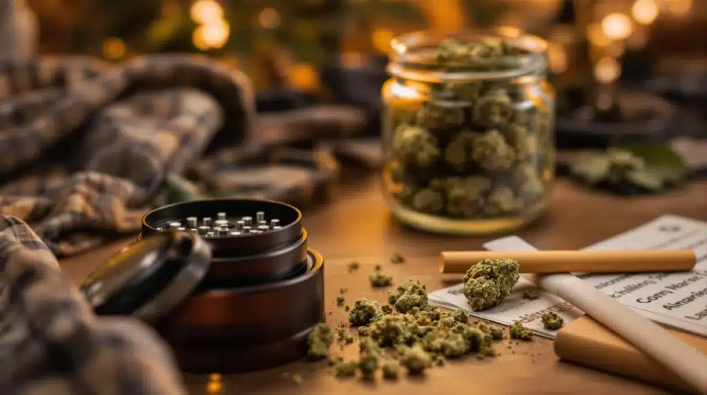 A cannabis setup featuring the strongest THCA flower with rolling papers and grinder on a cozy desk.