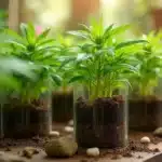 Rows of cannabis seedlings thriving in individual clear glass pots, with blurred green foliage and sunlight in the background.