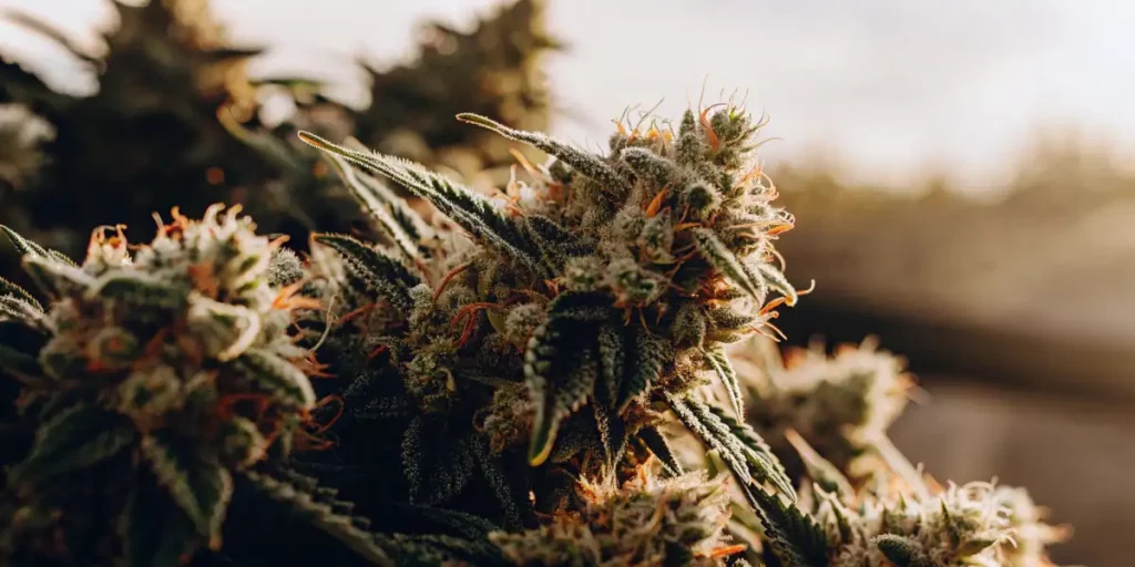 Sugar Cane cannabis buds illuminated by natural light, showcasing resinous trichomes and orange pistils.