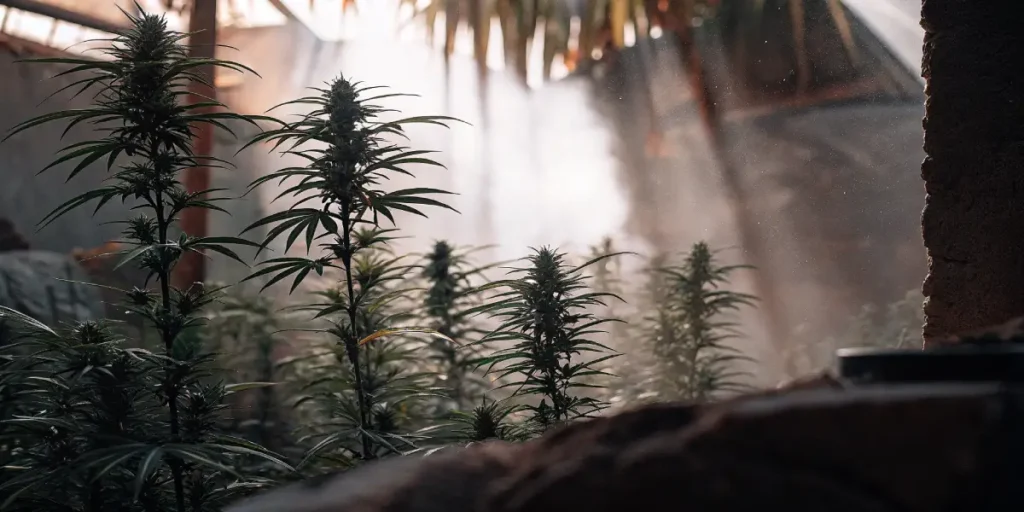 Hyper-realistic outdoor cannabis garden in a warm, misty environment, with sunbeams filtering through the haze, illuminating dense cannabis plants.