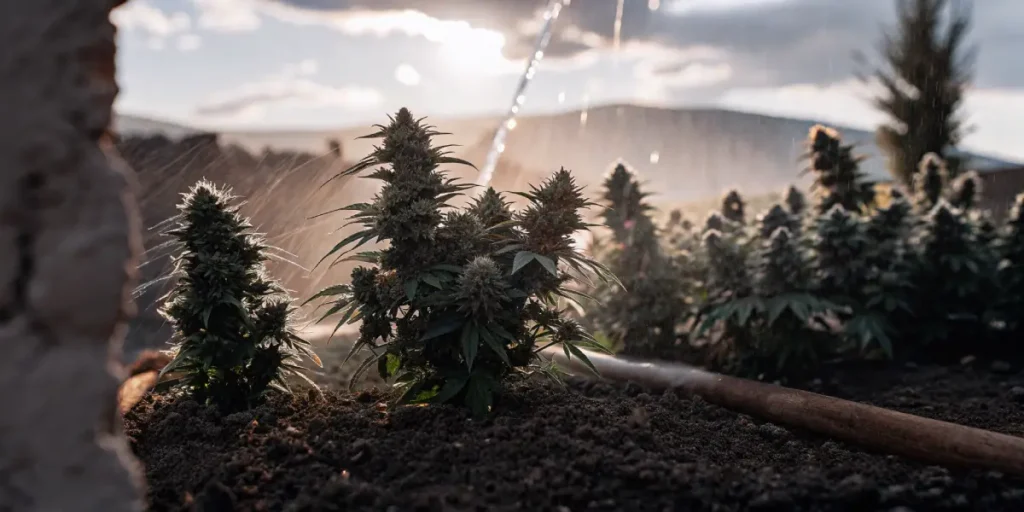 Hyper-realistic outdoor scene of cannabis cultivation: lush plants being watered by a hose with mist, backlit by a sunset over rolling hills.