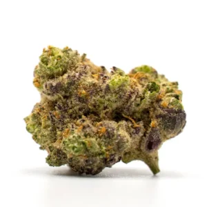 Compact Super Boof THCA Flower nug showcasing vibrant green and purple colors with frosty trichomes and subtle orange hairs