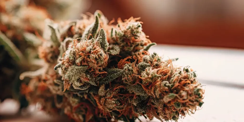 Macro shot of sweet cannabis buds with frosty trichomes and vivid orange hairs