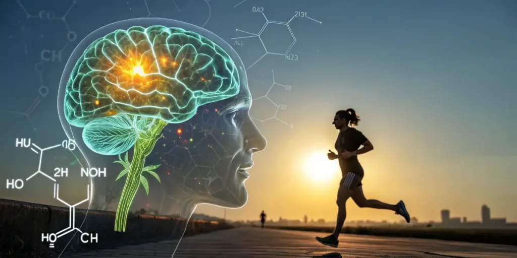 Hyper-realistic digital artwork: human head with glowing brain and cannabis plant illustration, chemical structures, and a person running at sunset.