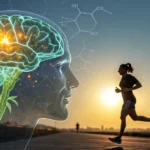 Hyper-realistic digital artwork: human head with glowing brain and cannabis plant illustration, chemical structures, and a person running at sunset.