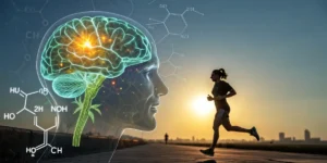 Hyper-realistic digital artwork: human head with glowing brain and cannabis plant illustration, chemical structures, and a person running at sunset.