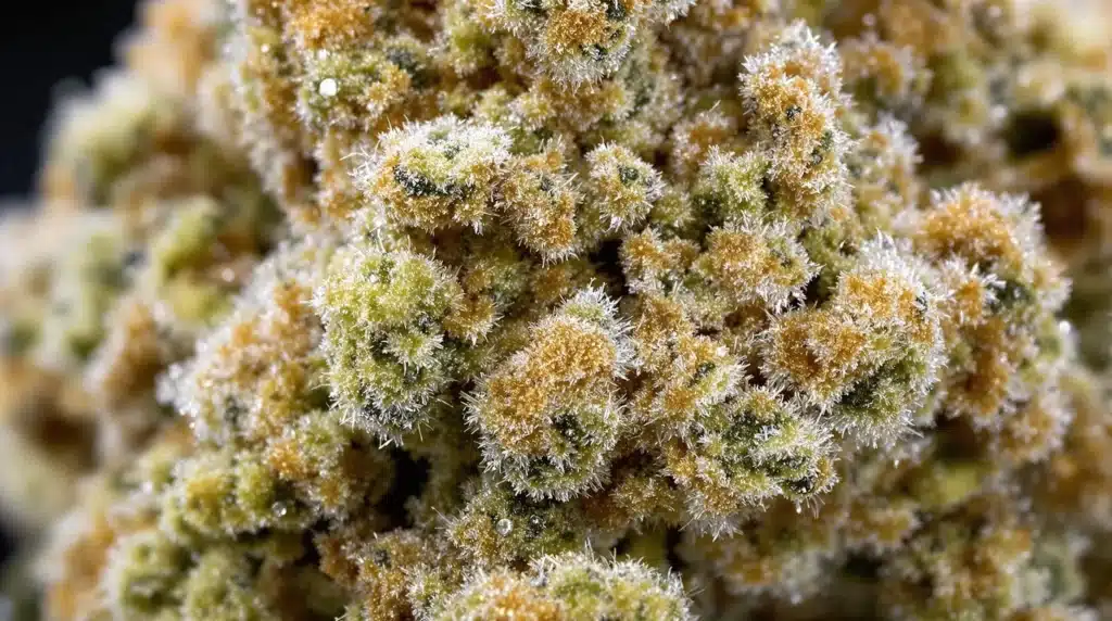 Close-up of THC crystals on cannabis buds, showing potency.
