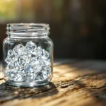 A glass jar filled with THC isolate diamonds, reflecting light.