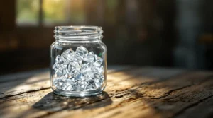 A glass jar filled with THC isolate diamonds, reflecting light.