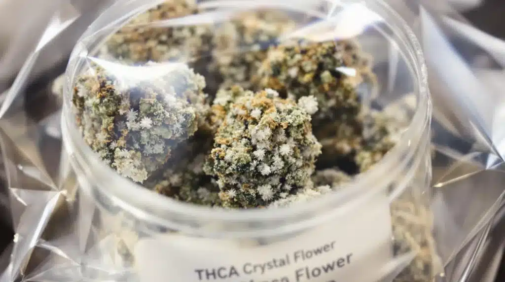 Close-up of THCA Crystal Flower buds in a jar.