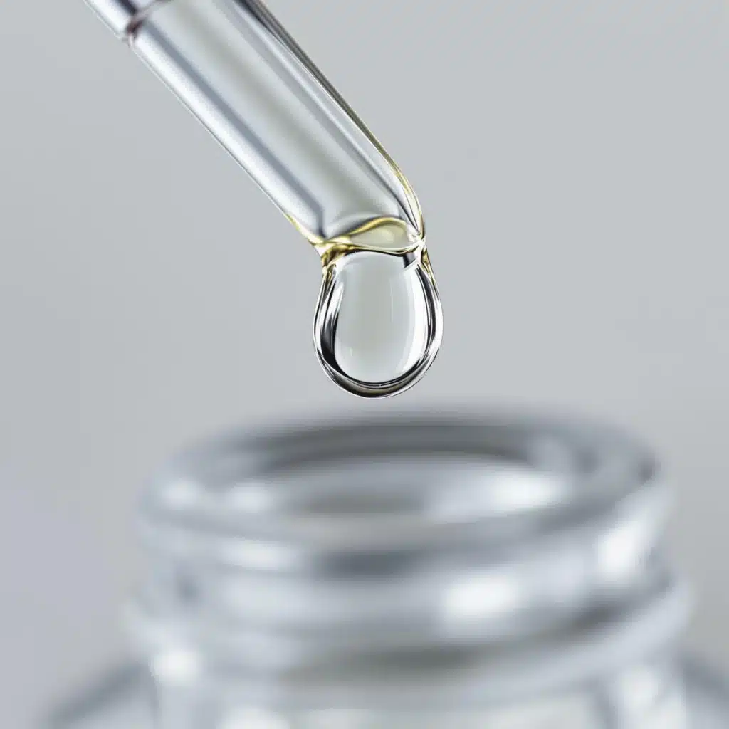 A close-up of a drop of clear, viscous THCA distillate in a glass container, capturing the pure, translucent quality of the concentrate. Soft lighting highlights the clarity and potency of the distillate, with a neutral background that keeps the focus on the product
