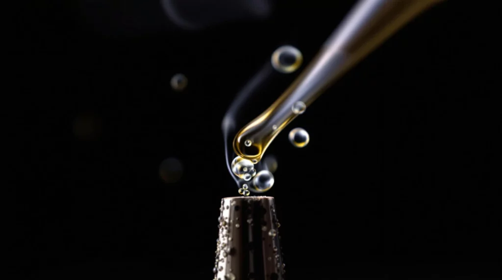 Macro shot of THCA distillate melting on a heated dab nail, with small wisps of vapor rising. The image captures the smooth, translucent nature of the concentrate and the precision involved in dabbing, set against a dark, contrasting background.