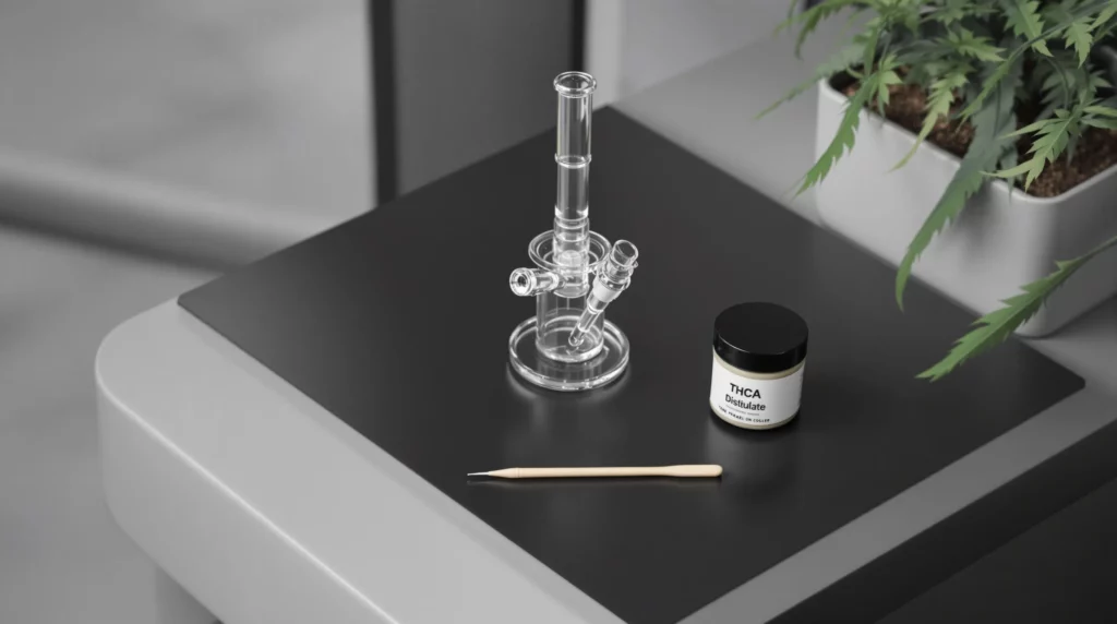 A clean, organized setup showing a dab rig, dab tool, and a container of THCA distillate placed on a modern, minimalist surface. The setting emphasizes the sophistication and purity associated with using THCA distillate, without any added distractions.