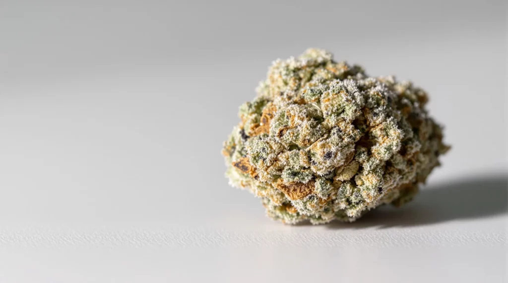 Close-up of a THCA flower bud with frosty trichomes, capturing its dense texture and premium quality."