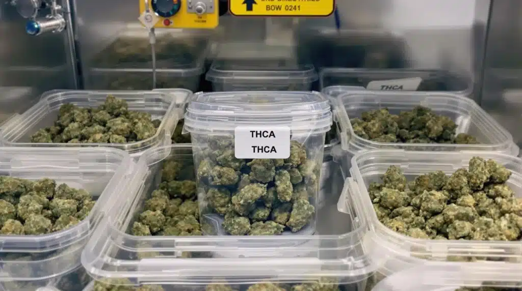 A professional setup with airtight containers of bulk THCA flower for shipment.