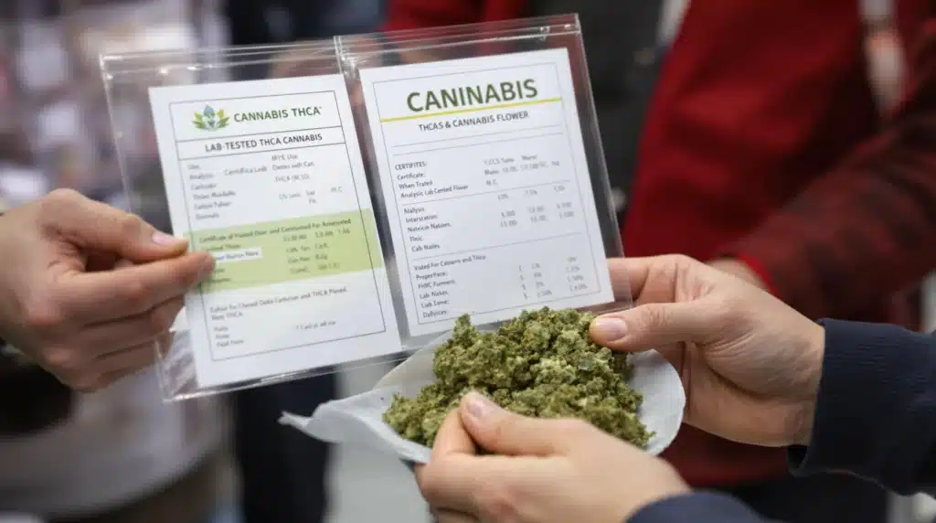 Cannabis retailers reviewing lab-tested THCA flower for quality assurance.