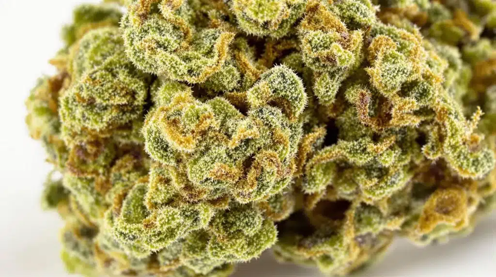 Close-up of THCA and THC buds, showing trichomes and vibrant green cannabis characteristics.