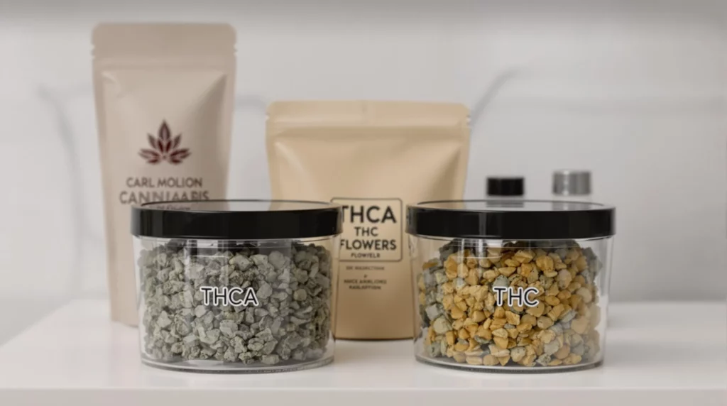 THCA and THC flower jars displayed with cannabis-related products on a clean, modern surface.