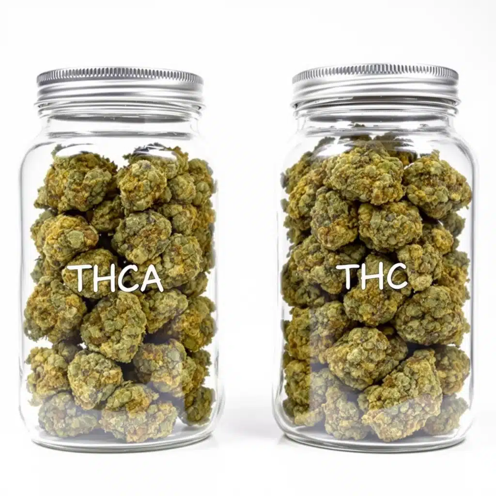 A side-by-side view of THCA flower and THC flower, illustrating their differences in texture and labeling.