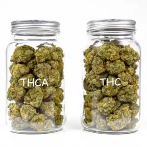A side-by-side view of THCA flower and THC flower, illustrating their differences in texture and labeling.