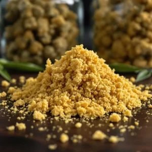 Golden THCA hash on a wooden table surrounded by cannabis jars, showcasing premium quality and texture.