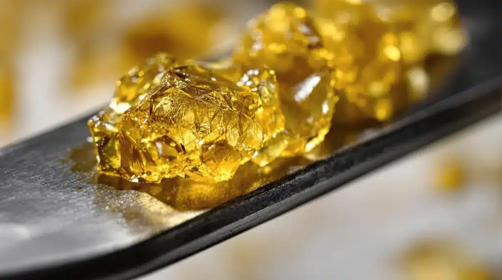 Close-up of sticky, golden THCA hemp rosin, showing the purity and glossy texture of the concentrate.