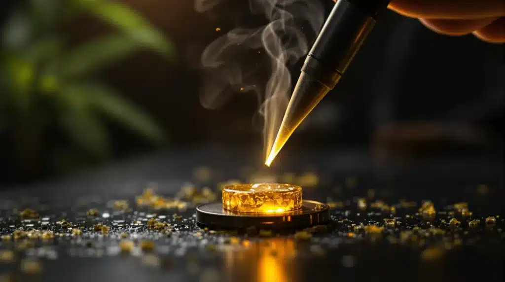 Dab tool heating THCA hemp rosin for vaporization, highlighting a clean and sophisticated consumption process.