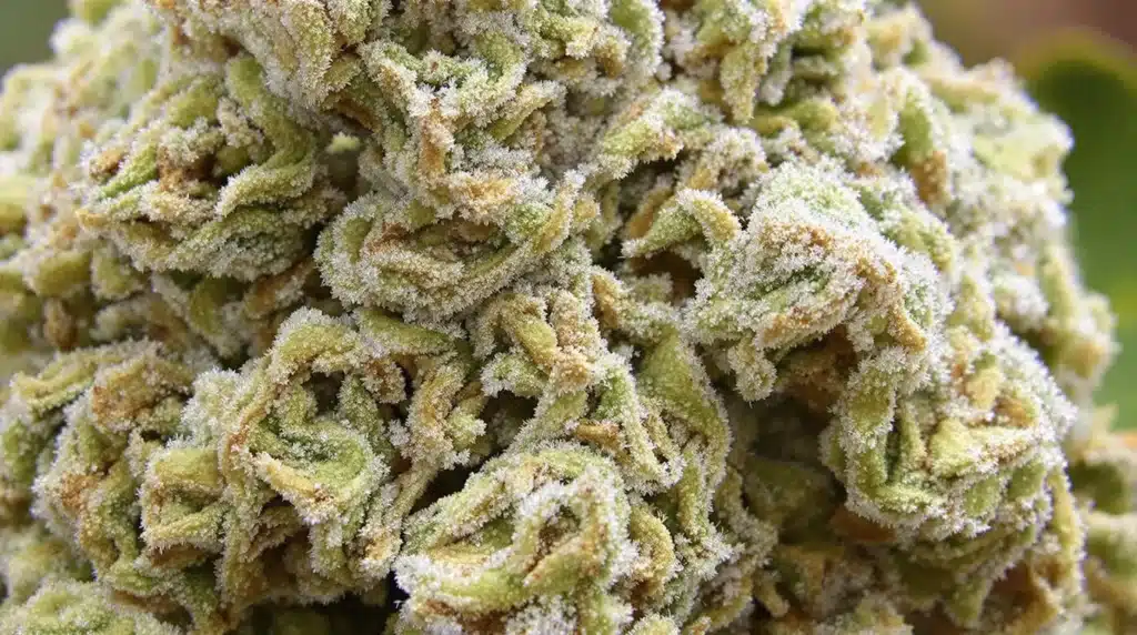 Fresh cannabis buds with frosty trichomes for THCA live rosin extraction.