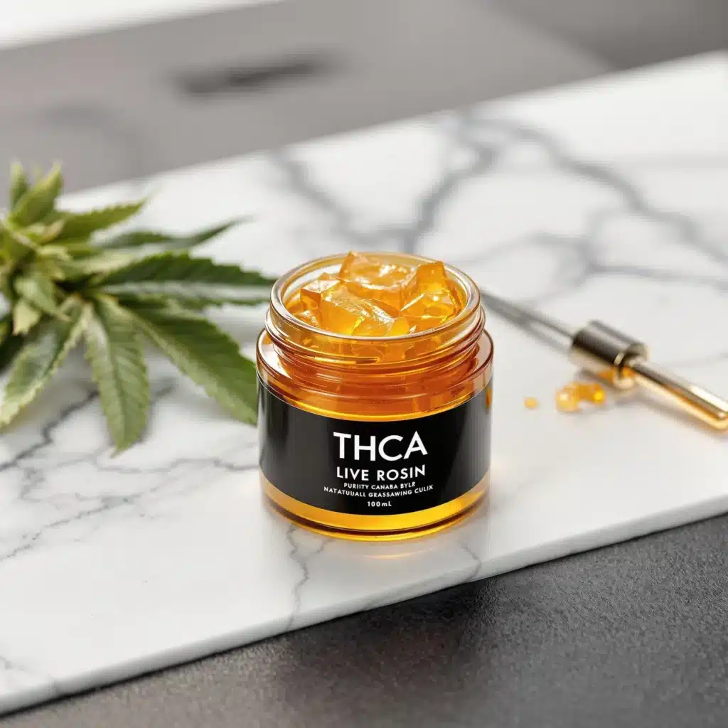Golden THCA live rosin in a jar with cannabis leaves and a dab tool.