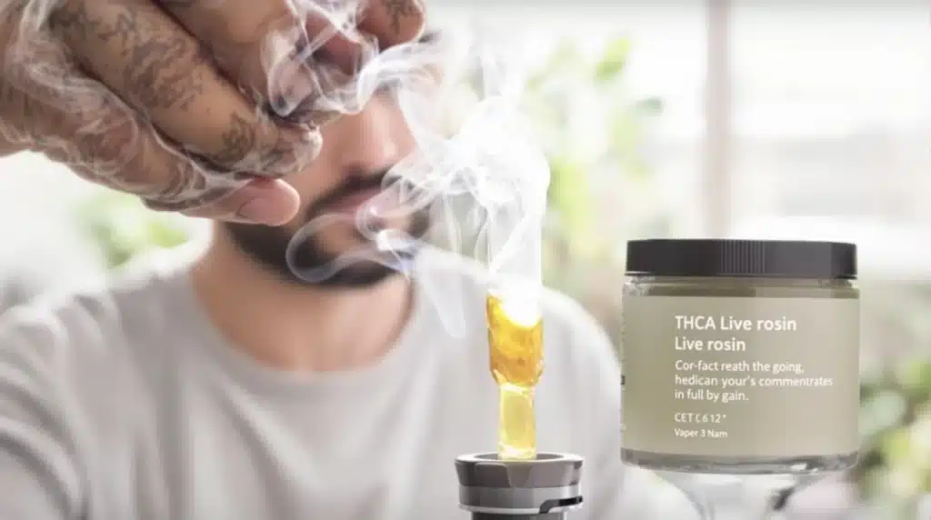 Person dabbing THCA live rosin with vapor rising from a rig.