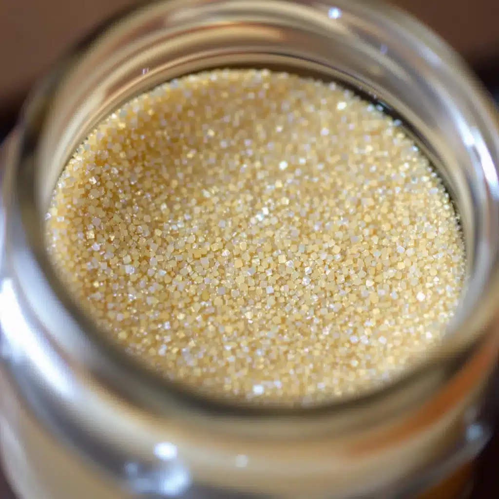 Fine, crystalline THCA Sand in a small glass jar, highlighting its purity and sand-like texture.