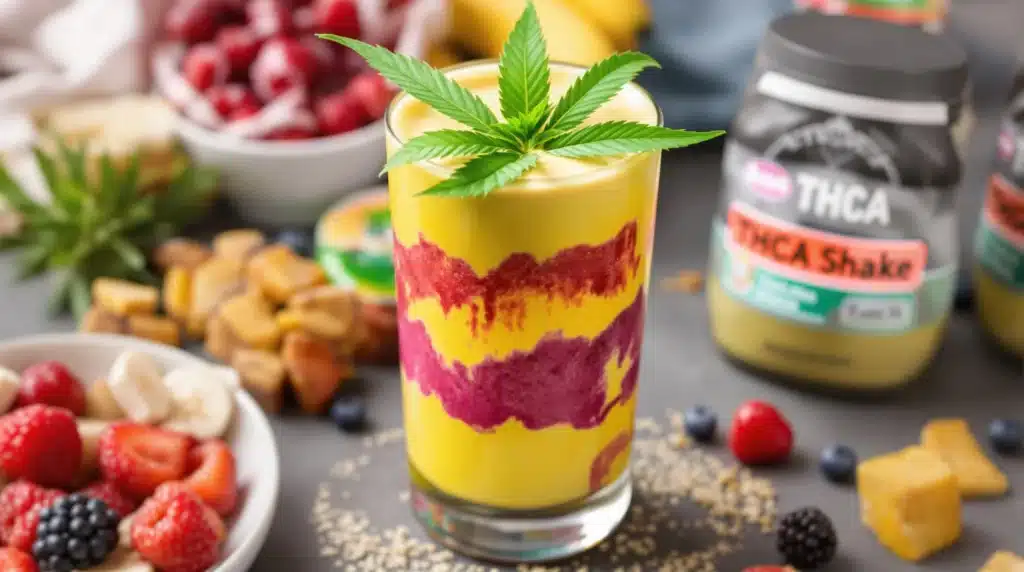 Smoothie with THCA shake and fresh fruits, showcasing a flavorful cannabis drink option.