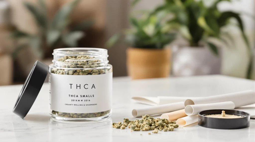 Jar of THCA smalls stored for freshness, ideal for various cannabis uses.