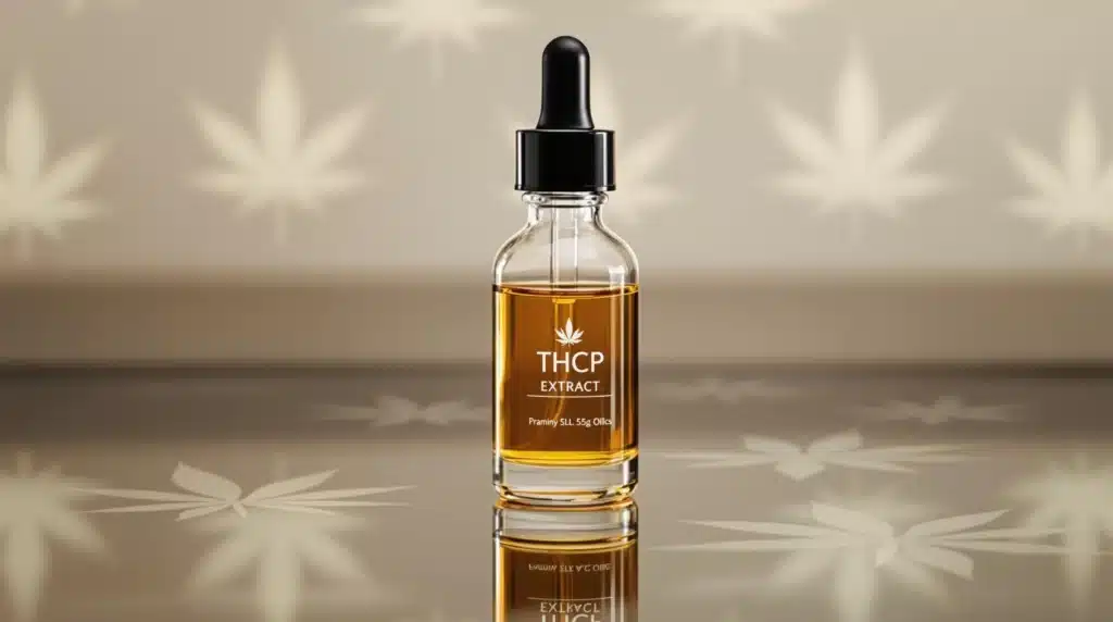 A bottle of THCP extract on a reflective surface with a cannabis leaf design.