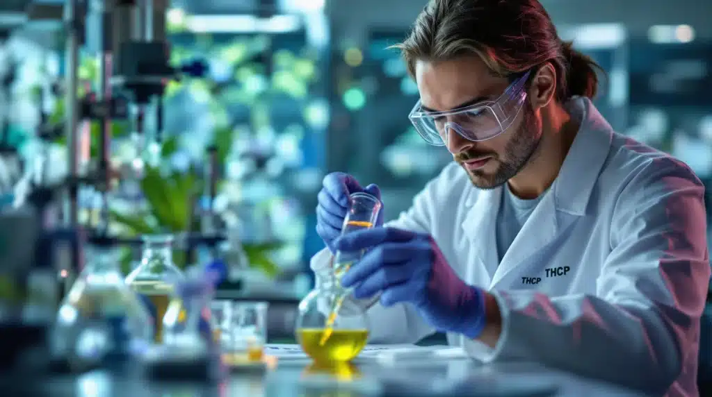 A scientist in a lab conducting THCP extraction using chemical processes.