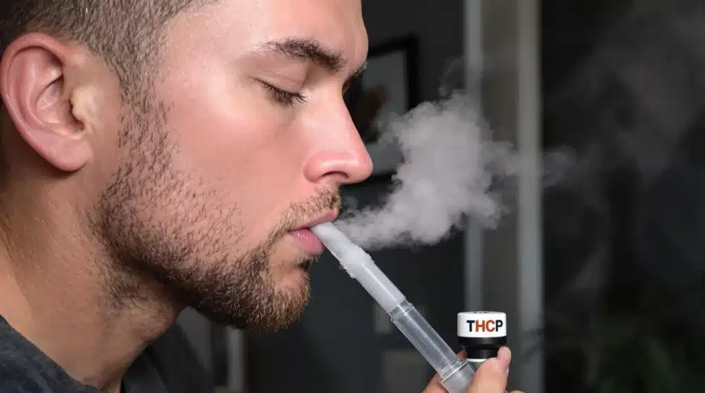 Person dabbing THCP solventless concentrate with vapor and a modern setup.