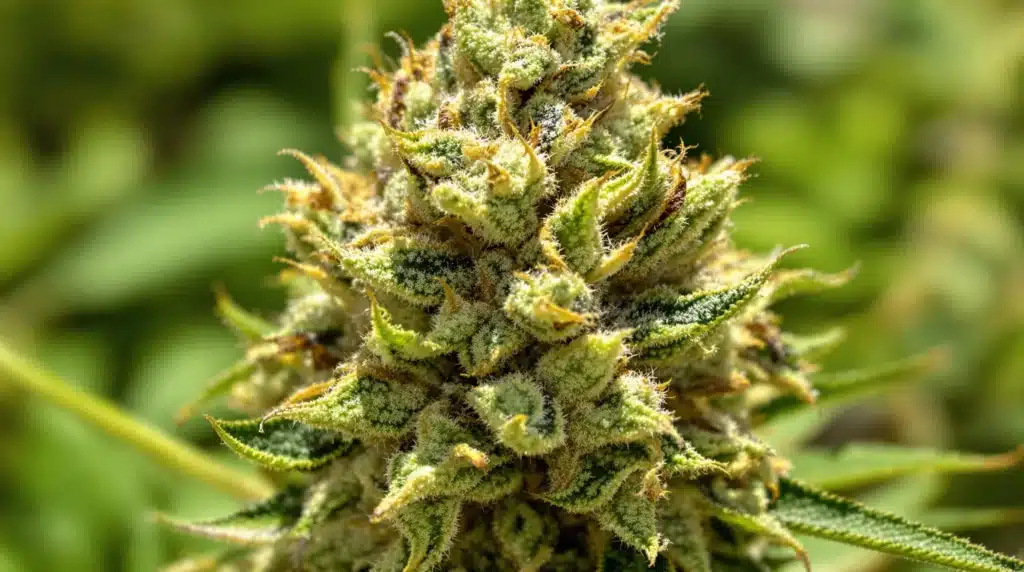 Close-up of cannabis buds, comparing the crystal density of THC and THCP-rich strains.