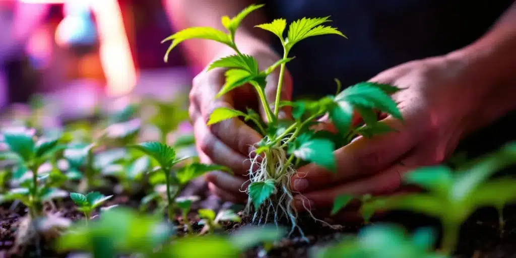 Close-up of healthy cannabis clones with strong root systems in Oregon, ready for transplanting into soil for optimal growth.