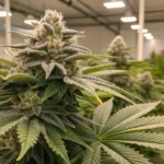 Close-up of cannabis buds covered in trichomes, growing in a well-lit grow room with neatly arranged plants.