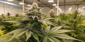 Close-up of cannabis buds covered in trichomes, growing in a well-lit grow room with neatly arranged plants.