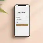 Mobile phone displaying a THCA to THC calculator, with cannabis leaves in the background.