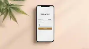 Mobile phone displaying a THCA to THC calculator, with cannabis leaves in the background.