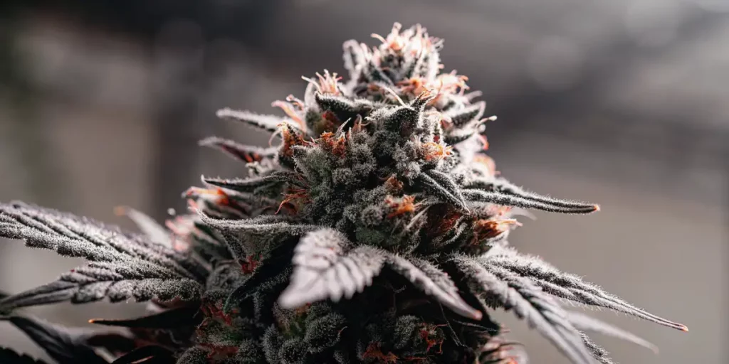 Close-up of a cannabis bud with trichomes under bright lights in a grow room.