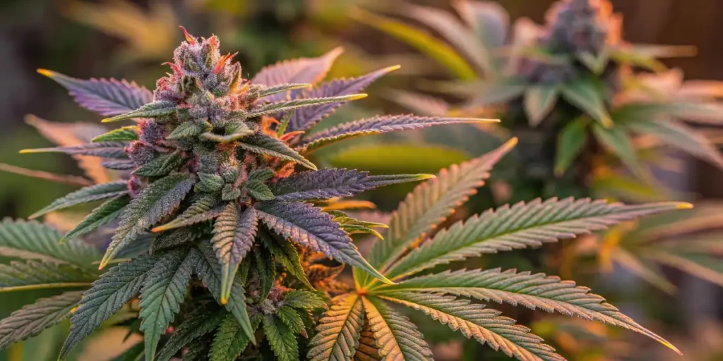 Vibrant cannabis buds with purple hues and frosty trichomes under soft natural light.