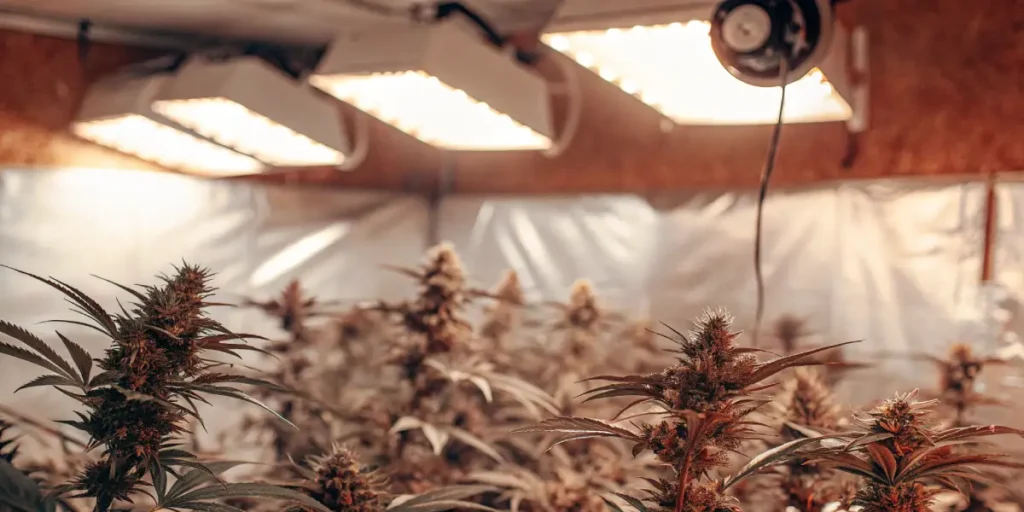 Hyper-realistic indoor cannabis grow room featuring dense, mature cannabis plants under warm, glowing overhead lights.